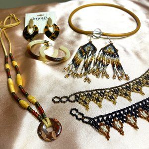 7 PIECE JEWELRY BUNDLE: Tribal Animal Print Necklaces, Earrings, Anklets Set